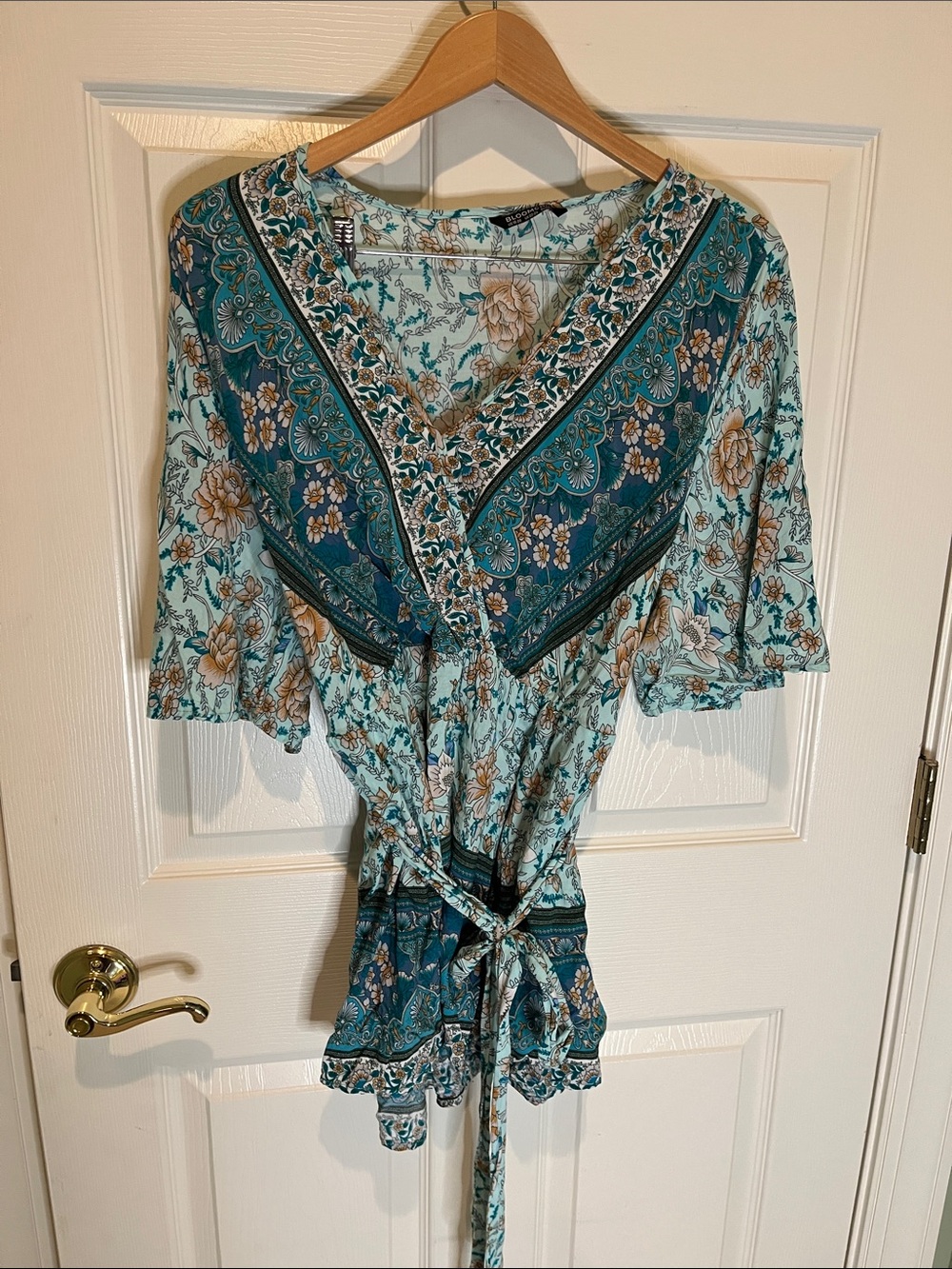 BloomChic Teal Floral V-Neck Tie-Front Tunic Top